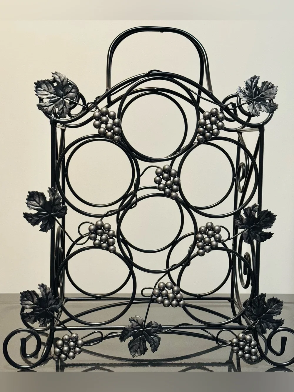 Black Metal Vintage Wine Rack with Silver Grape Accents